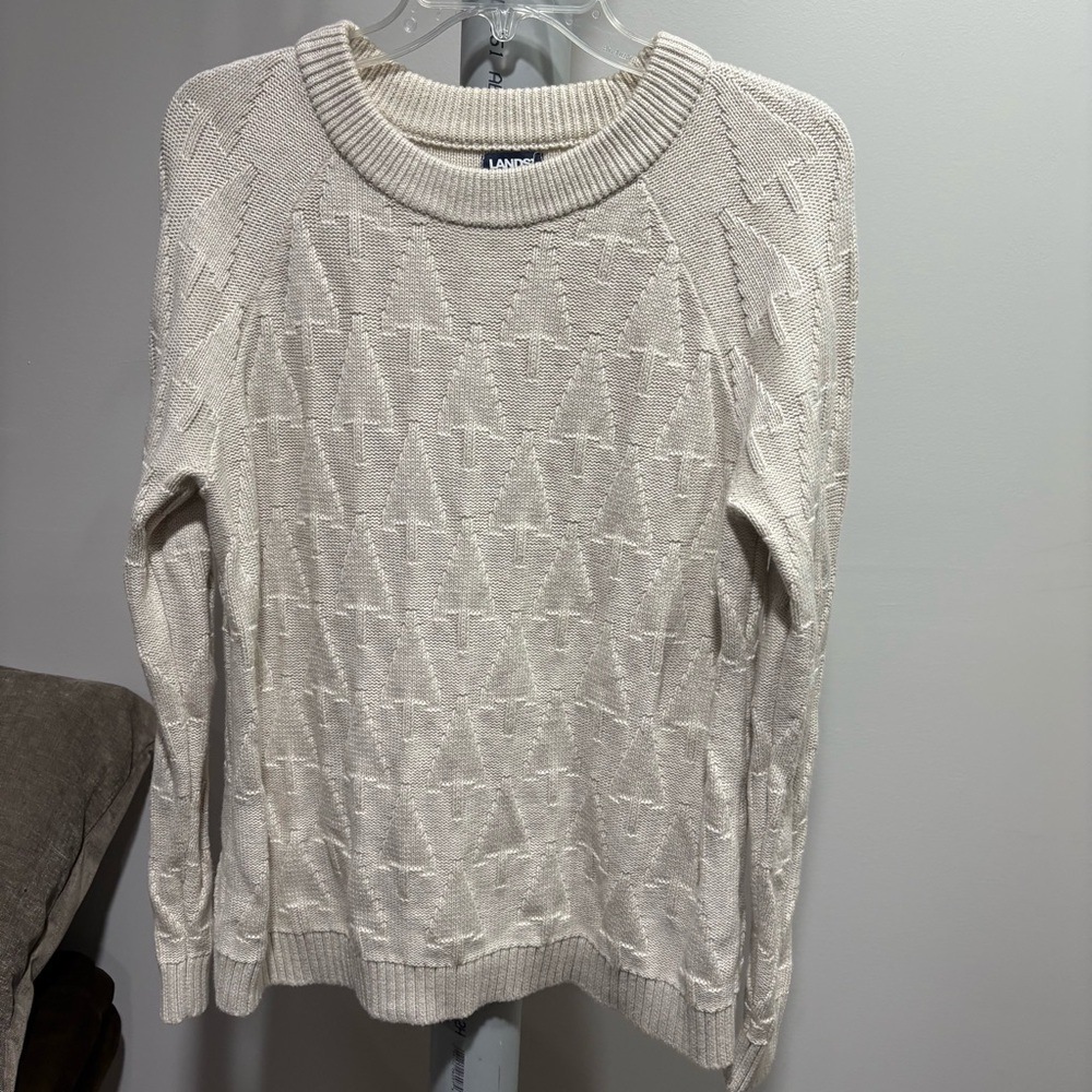 Lands End Drifter Pine Tree Pattern Sweater Beige Women’s Sz‎ S Cotton Holiday